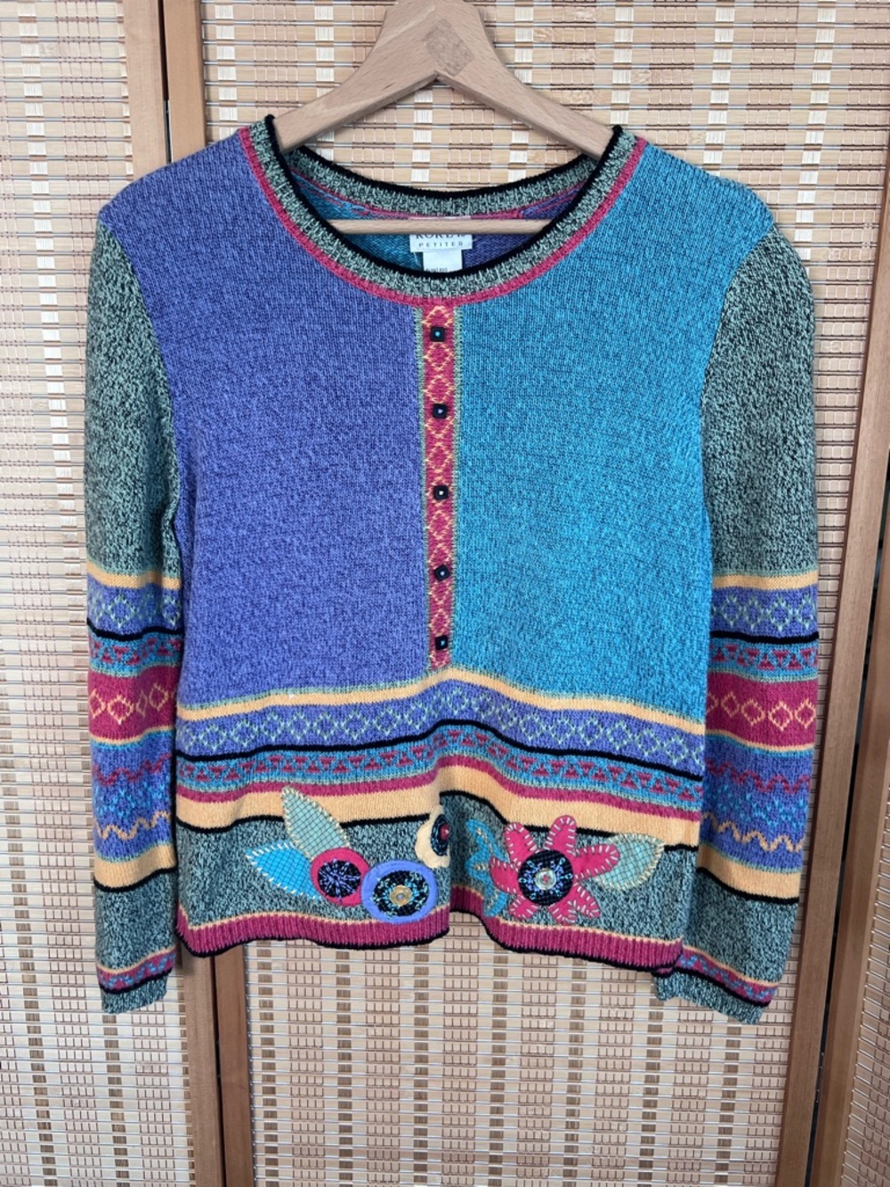 90’s Art Wear Bright Multi-Color Patchwork  Sweater - Novelty Floral Accent